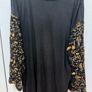 Free People Black and Gold Embellished Long Sleeve Tee
